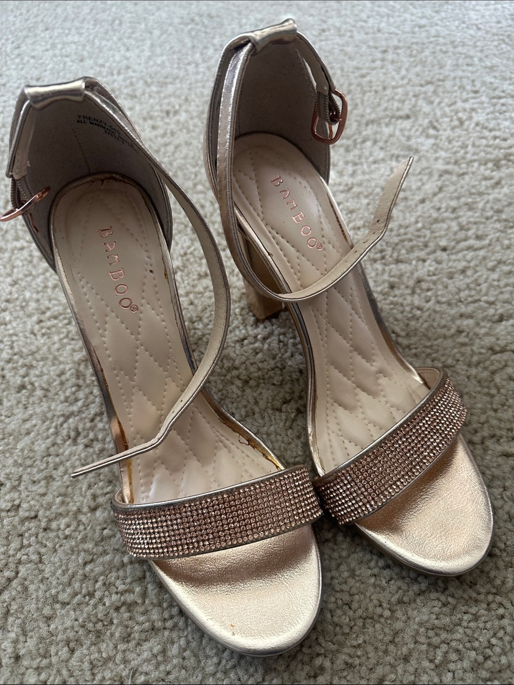 BAMBOO Rose Gold Crystal Strap Block Heel Sandals